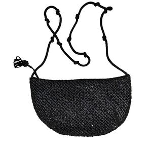 Vintage Walborg Black Beaded Crossbody Bag  Rope Strap Evening Clutch